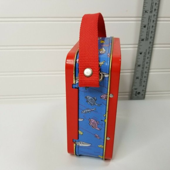 Vintage Mini Metal Lunchbox Curious George Fishing Theme Case Woven Handle - Picture 6 of 10